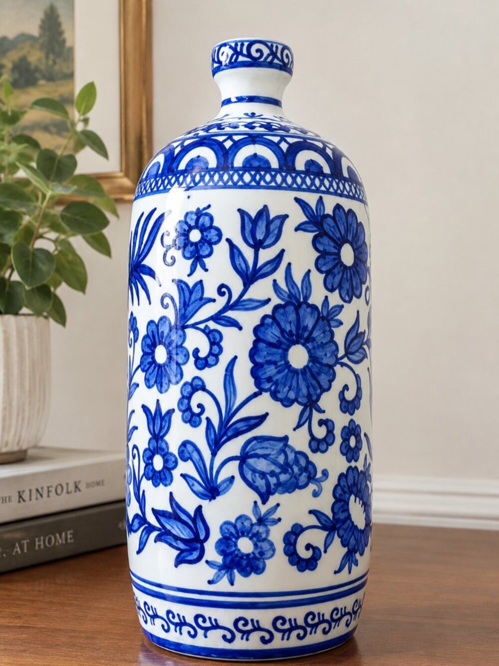 Vintage Blue & White Garden Vines Decorative Bottle Vase 10" Tall